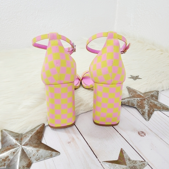 Gianni Bini Maileigh Checkered Satin Ankle Strap Block Heels green pink size 8.5 - Picture 4 of 7